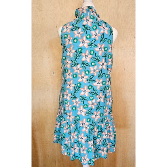 100% Cotton THML Blue Floral Sleeveless Dress Size XS Ruffle Neck/Hem Pockets - Picture 2 of 7